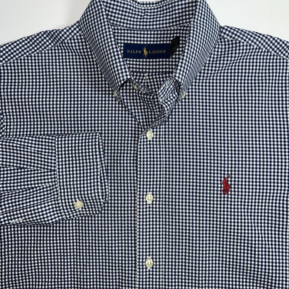 Ralph Lauren Mens‎ Size Medium Blue Gingham Button-Down Shirt Cotton Red Logo